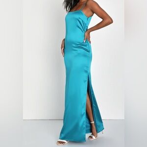 NWT! Lulus Easy Radiance Teal Satin Slip Maxi Dress